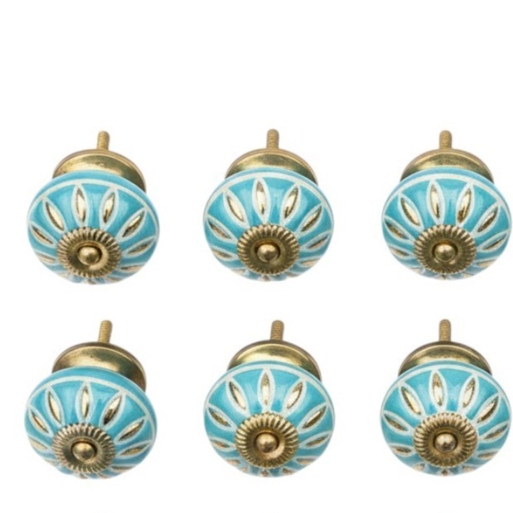6pc Turquoise Blue Ceramic Drawer Knobs Gold White Petal Boho Cabinet Pulls Set